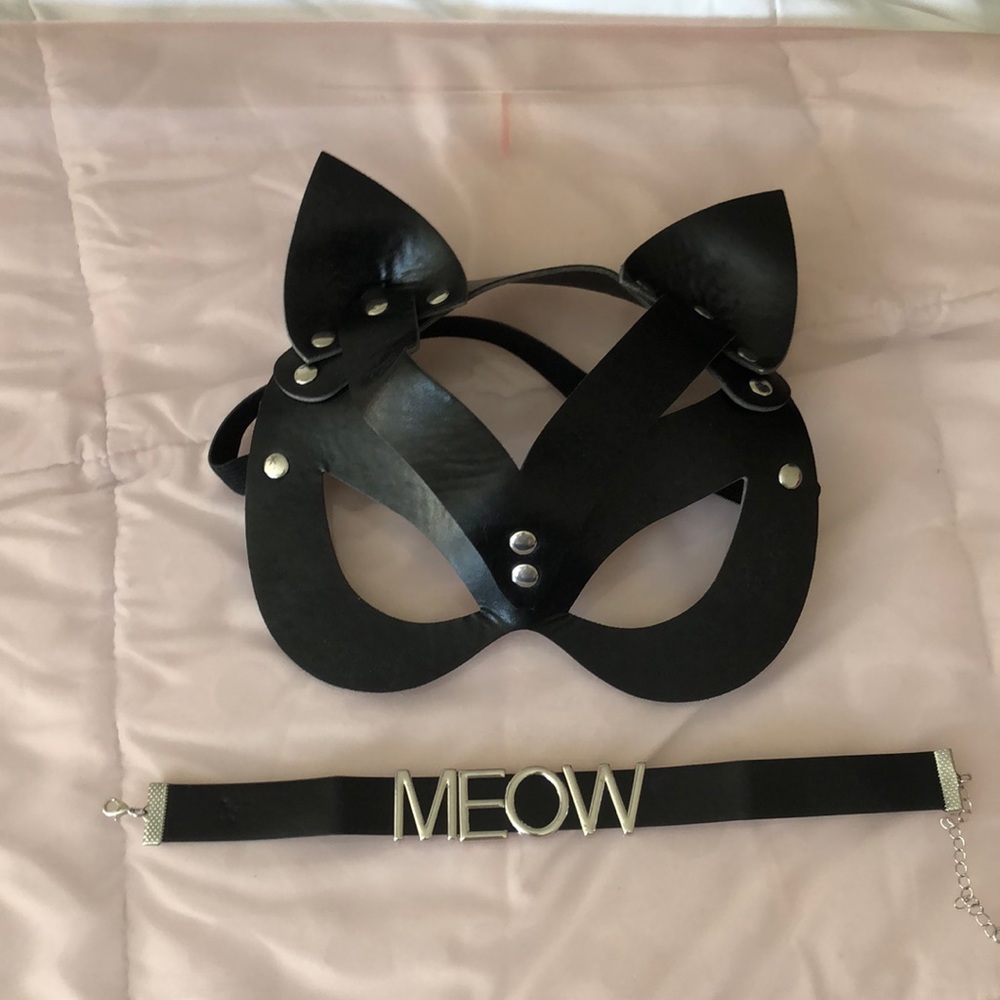 Kitty mask and choker bundle. Black and silver. Meow.